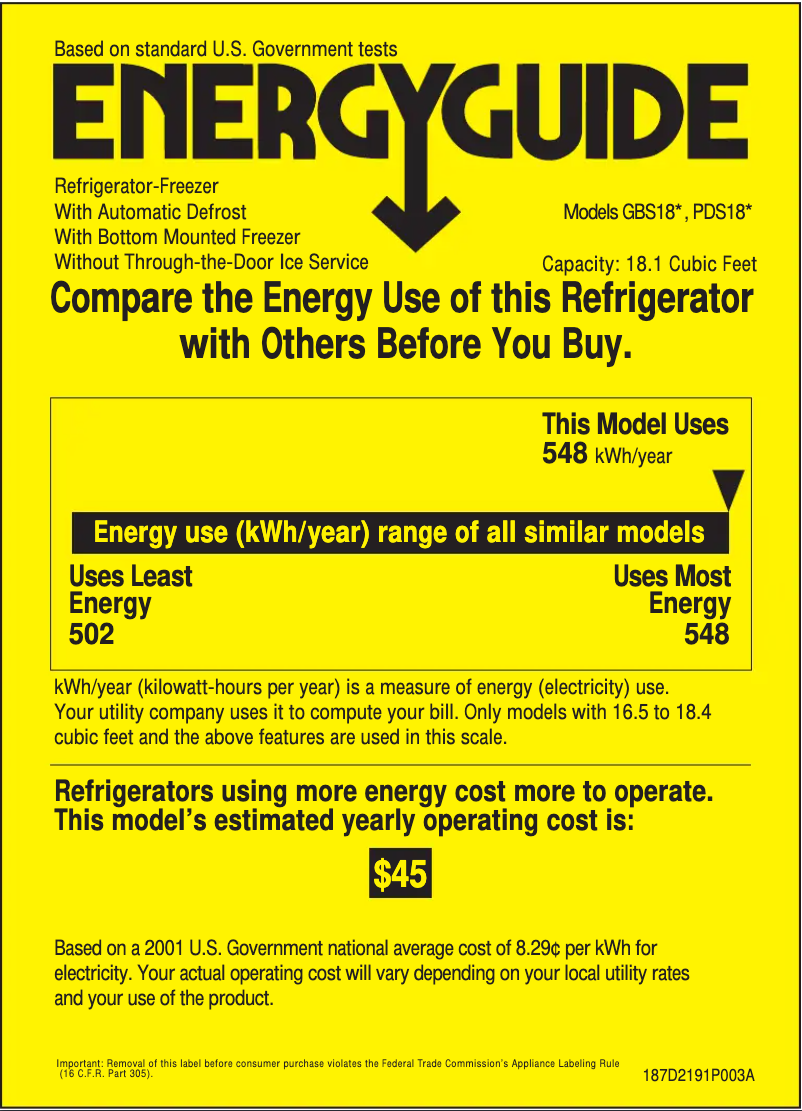 Page 1 of the manual Energy Label GE Profile PDS18LBMWW