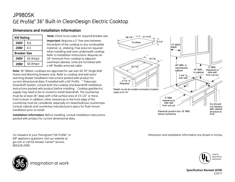 Page 1 de la notice Fiche technique GE JP980SKSS