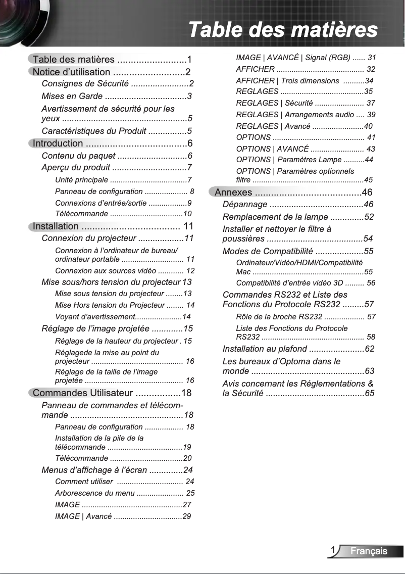 Page 1 de la notice Manuel utilisateur Optoma X312