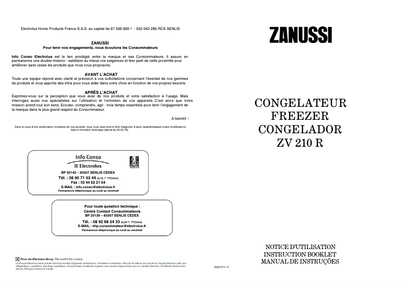 Page 1 de la notice Manuel utilisateur Zanussi ZV 210 R