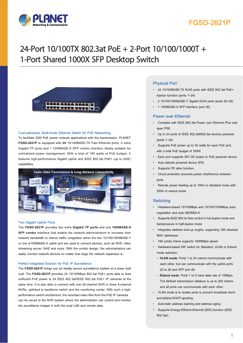 Page 1 de la notice Fiche technique Planet FGSD-2621P