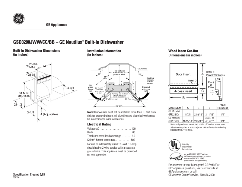 Page n°1 - Fiche technique GE Nautilus GSD3200JBB