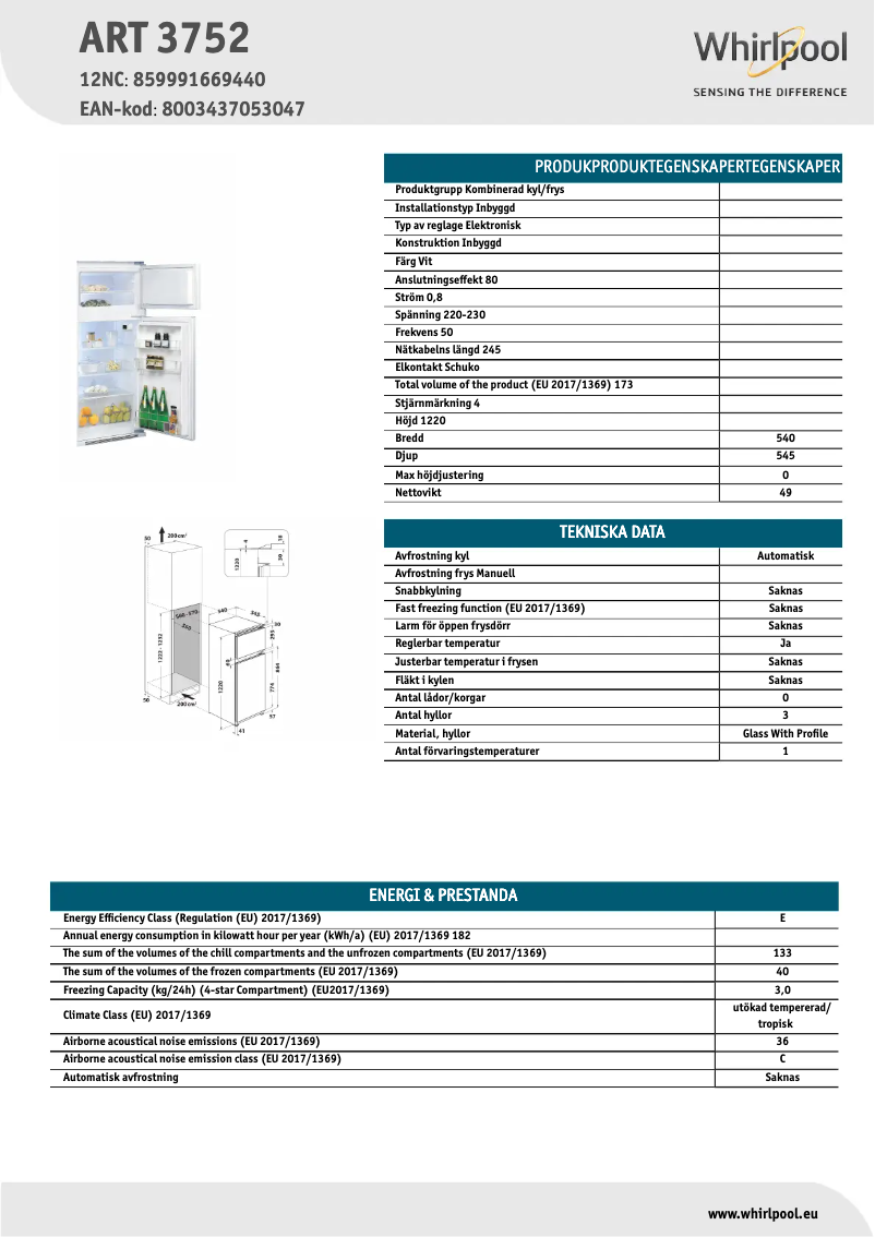 Page n°1 - Fiche technique Whirlpool ART 3752