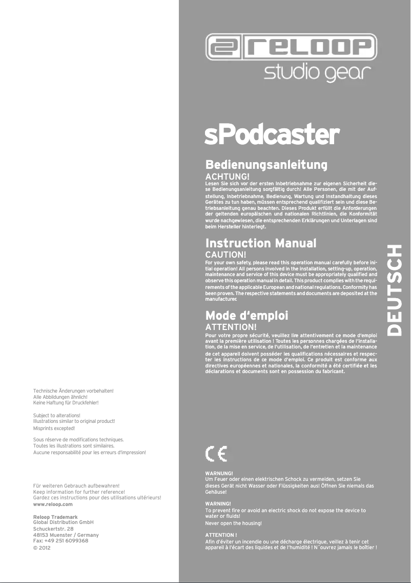 Page 1 de la notice Manuel utilisateur Reloop sPodcaster