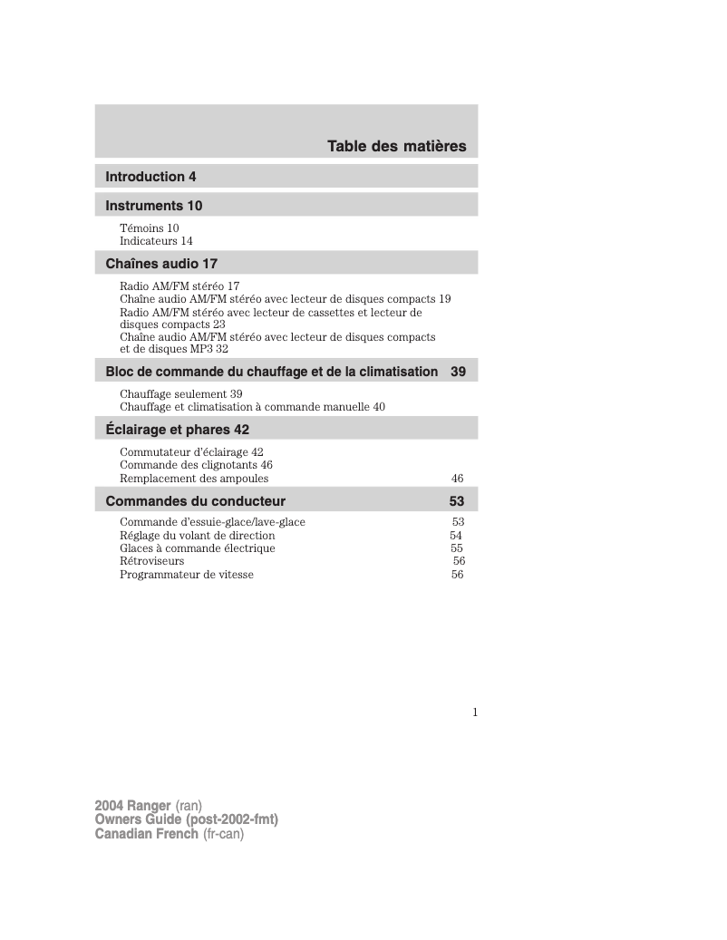 Page 1 de la notice Manuel utilisateur Ford Ranger (2004)