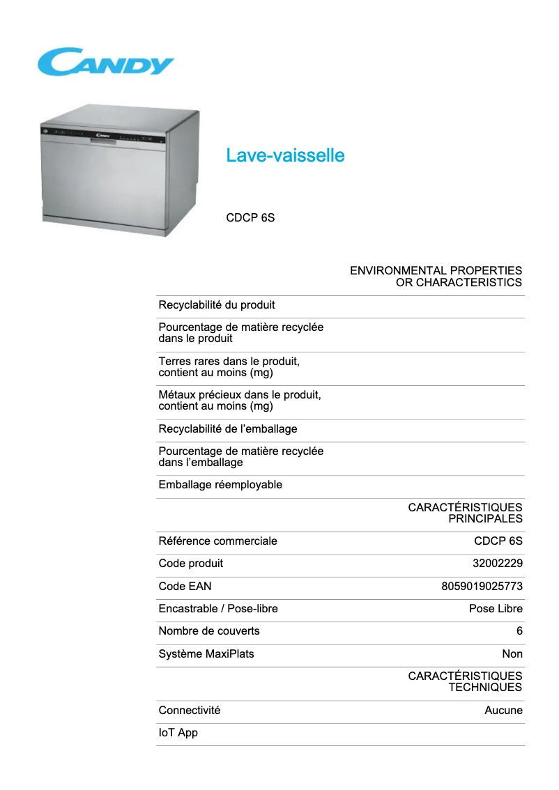 Page 1 de la notice Fiche technique Candy CDCP 6S