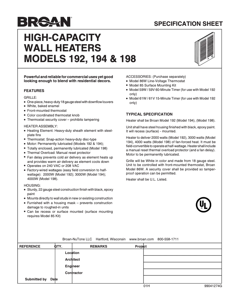Page 1 de la notice Fiche technique Broan 192