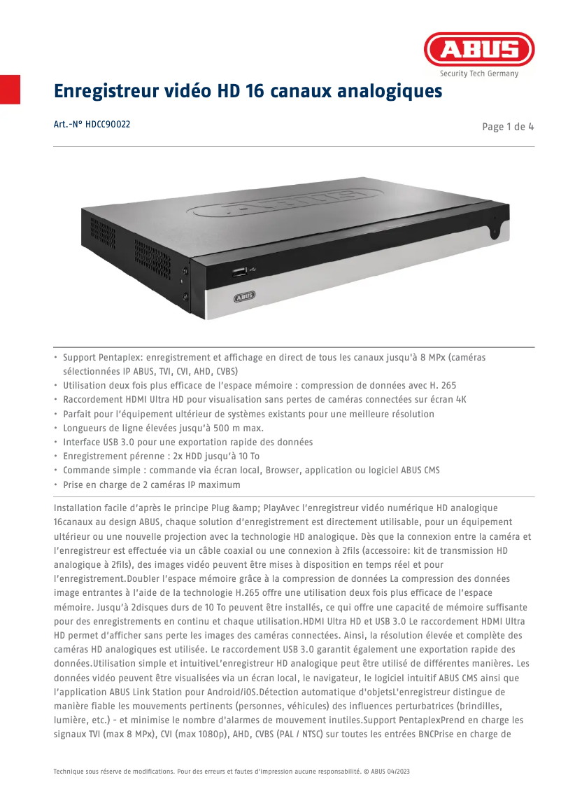 Page 1 de la notice Fiche technique Abus HDCC90022