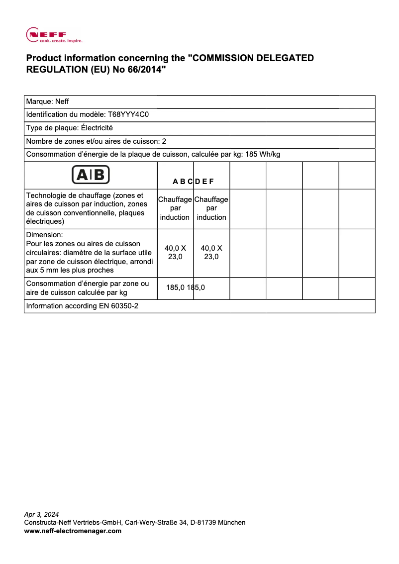 Page 1 de la notice Label énergétique Neff T68YYY4C0