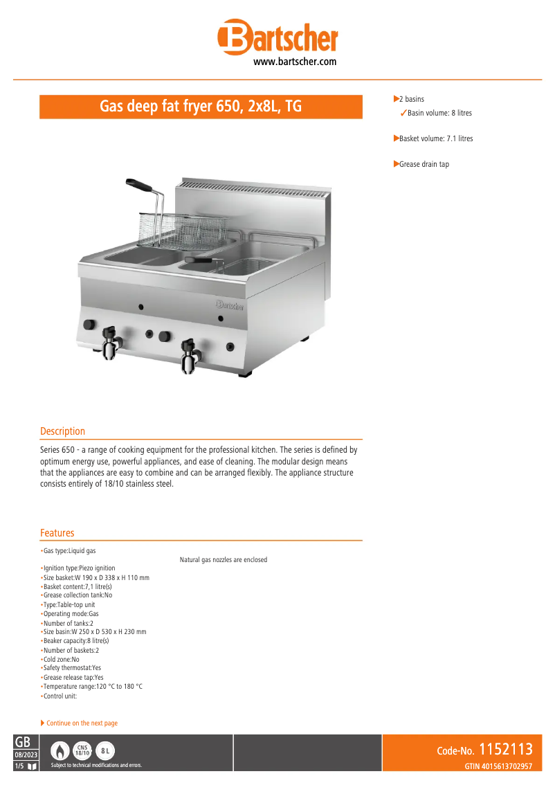 Page 1 de la notice Fiche technique Bartscher 1152113