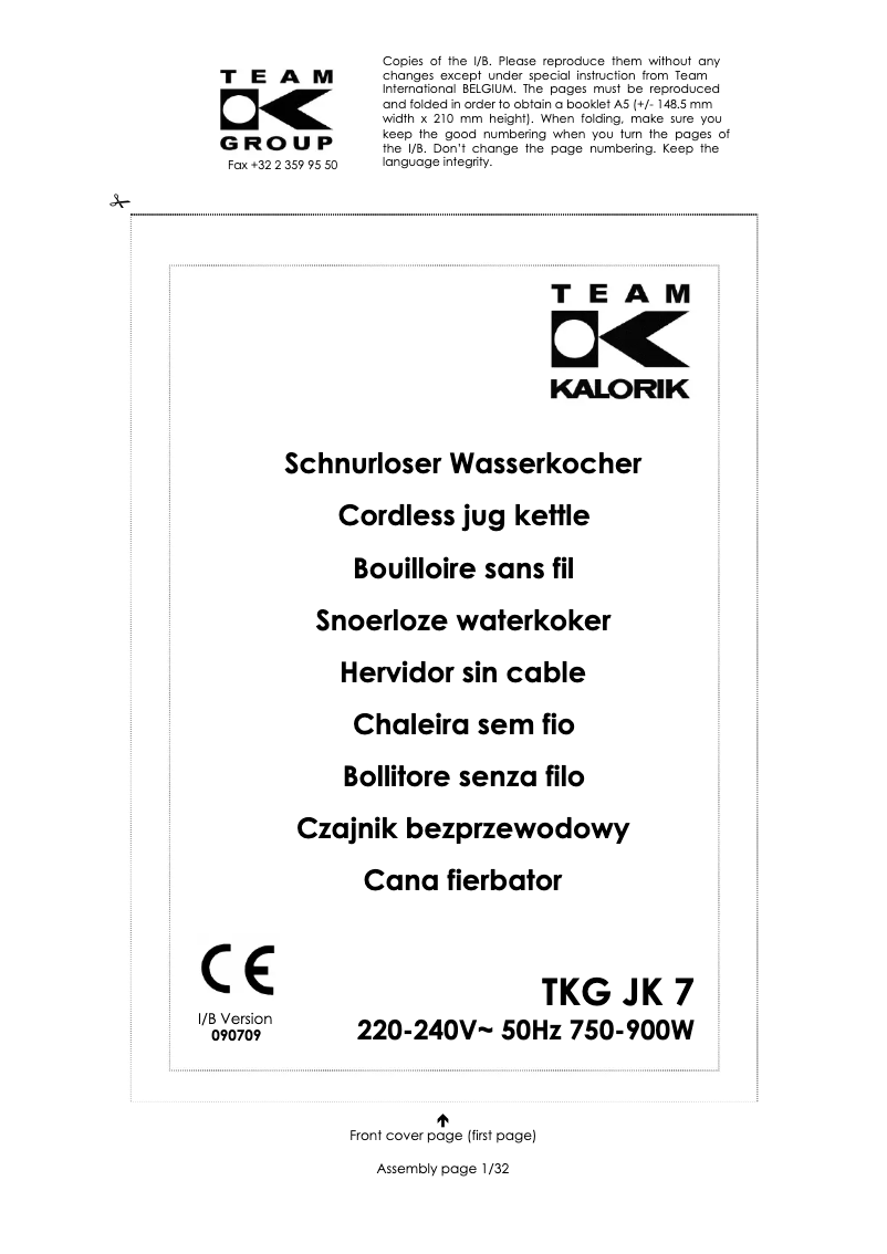 Page 1 de la notice Manuel utilisateur Kalorik TKG JK 7