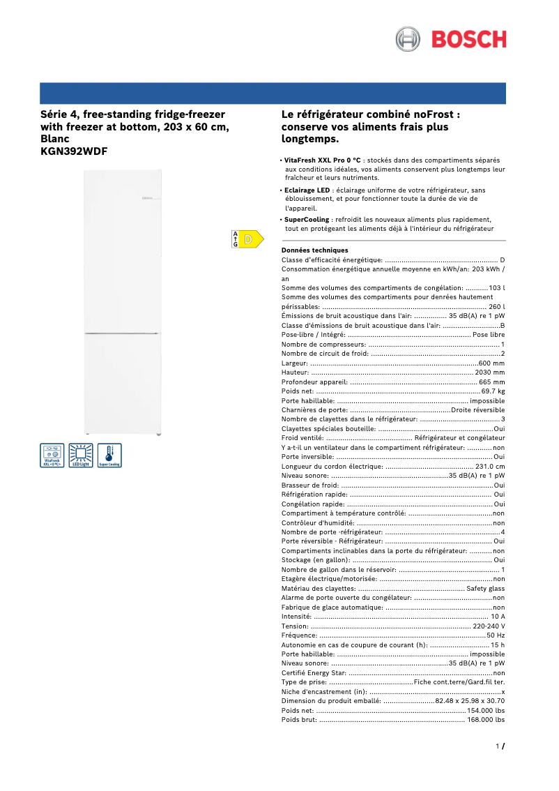 Página 1 del manual Ficha técnica Bosch KGN392WDF