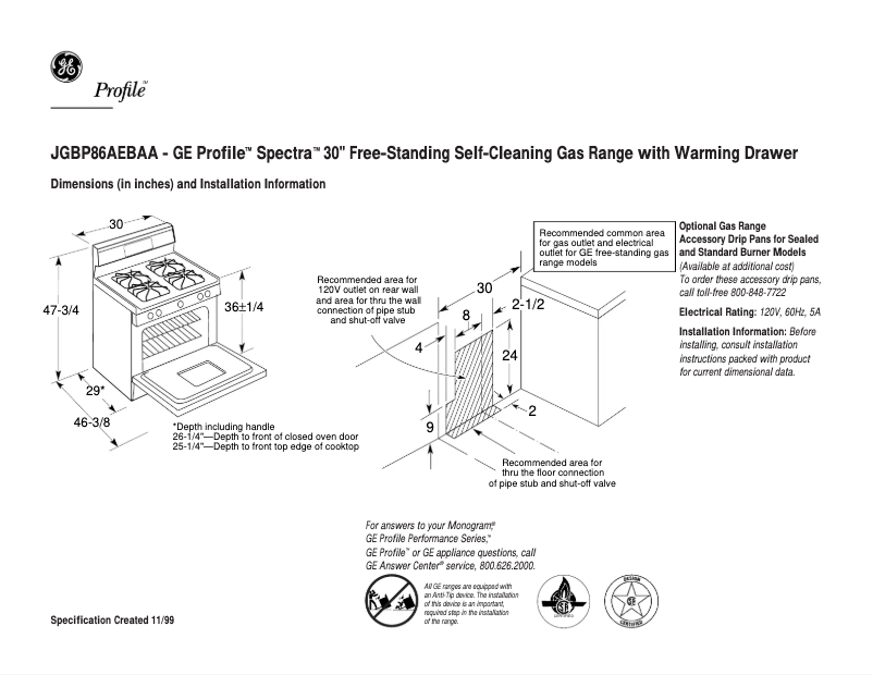 Page 1 de la notice Fiche technique GE Profile Spectra JGBP86AEBAA