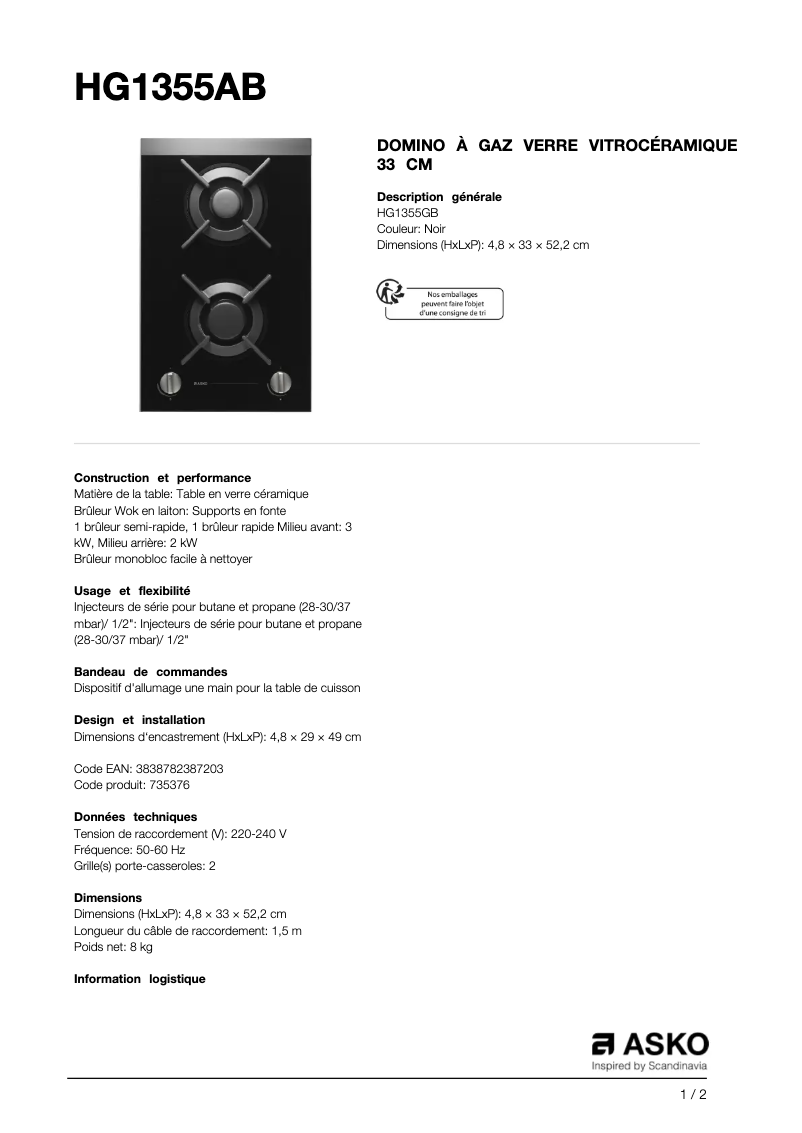 Page n°1 - Fiche technique Asko HG1355GB