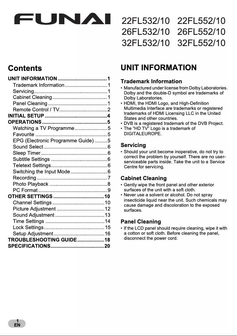 Page 1 de la notice Manuel utilisateur Funai 22FL552