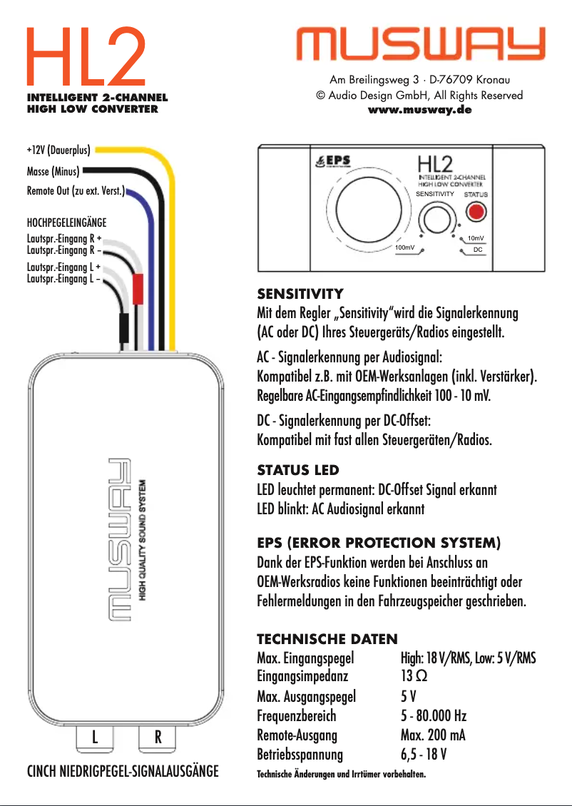 Page 1 de la notice Manuel utilisateur Musway HL2