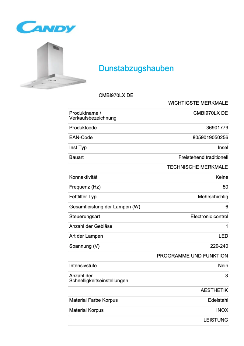 Page 1 de la notice Fiche technique Candy CMBI970LX
