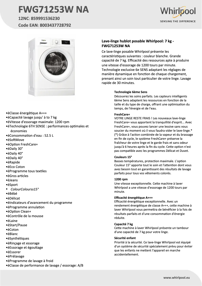 Image de la première page du manuel de l'appareil FWG71253W