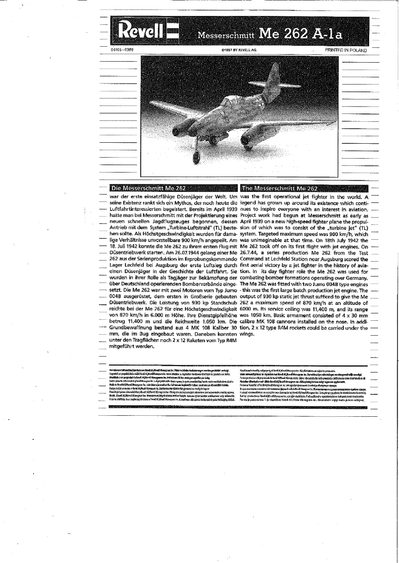 Page 1 de la notice Manuel utilisateur Revell Me 262 A1a