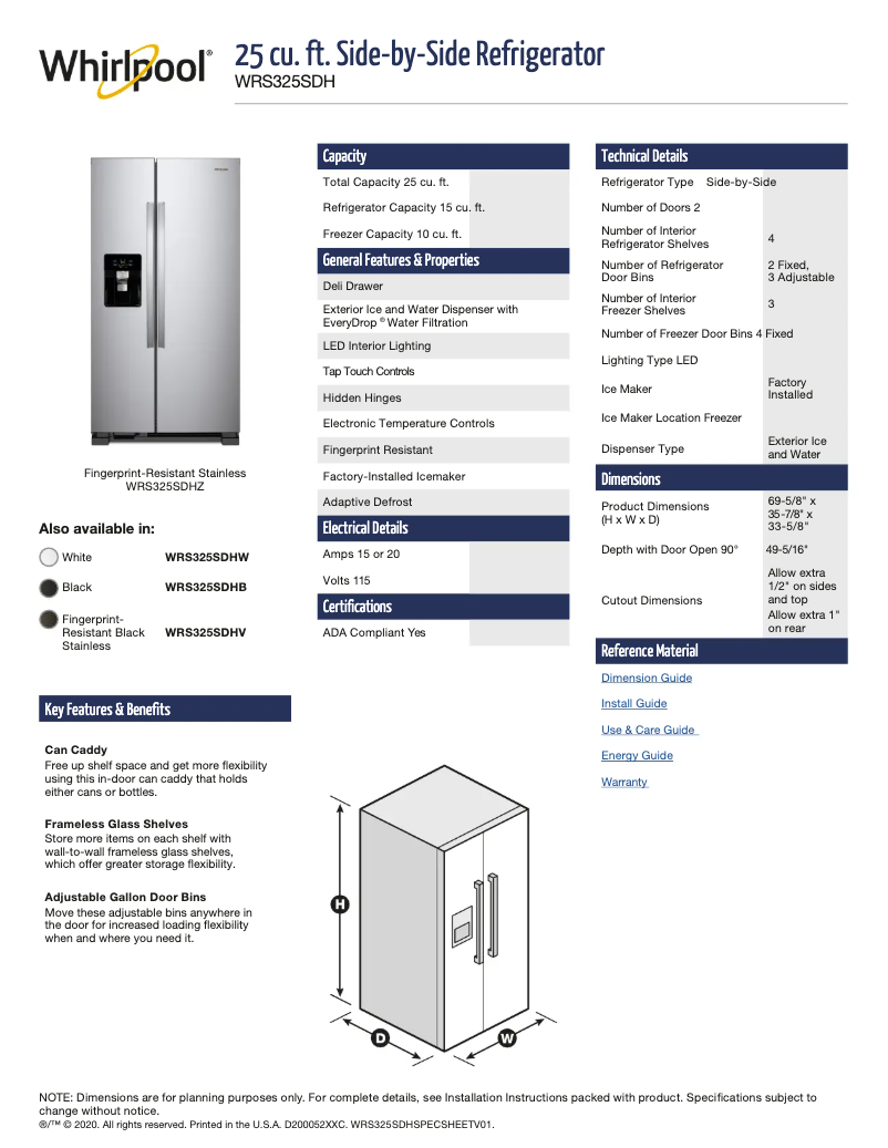 Page 1 de la notice Fiche technique Whirlpool WRS325SDHW