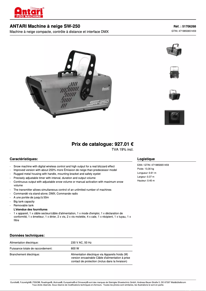 Página 1 del manual Ficha técnica Antari SW-250