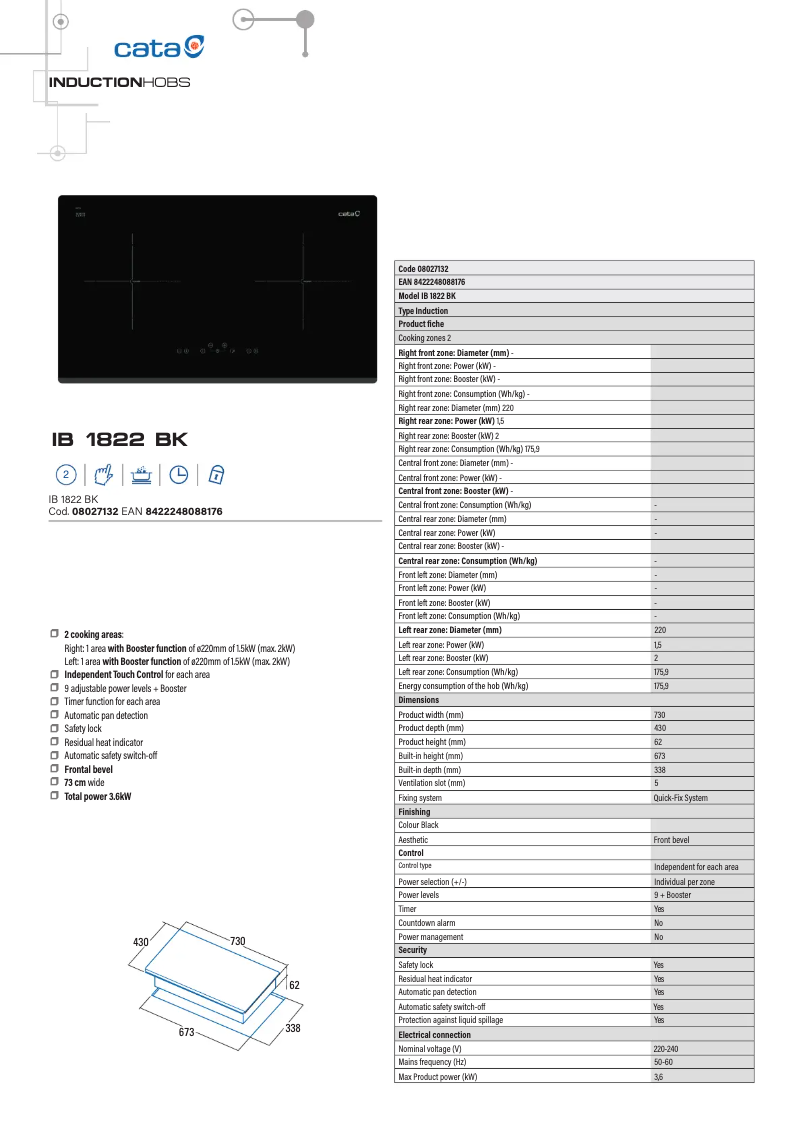 Page 1 de la notice Manuel utilisateur CATA IB 1822 BK