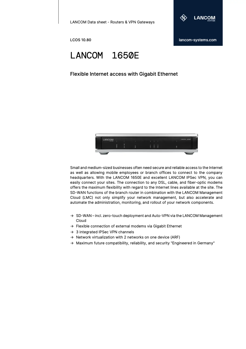 Page 1 de la notice Fiche technique Lancom 1650E
