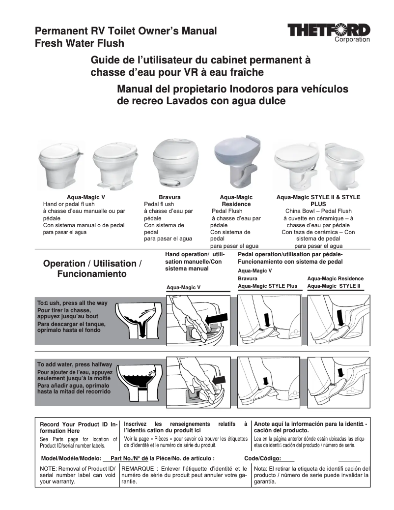 Page n°1 - Manuel utilisateur Thetford Bravura