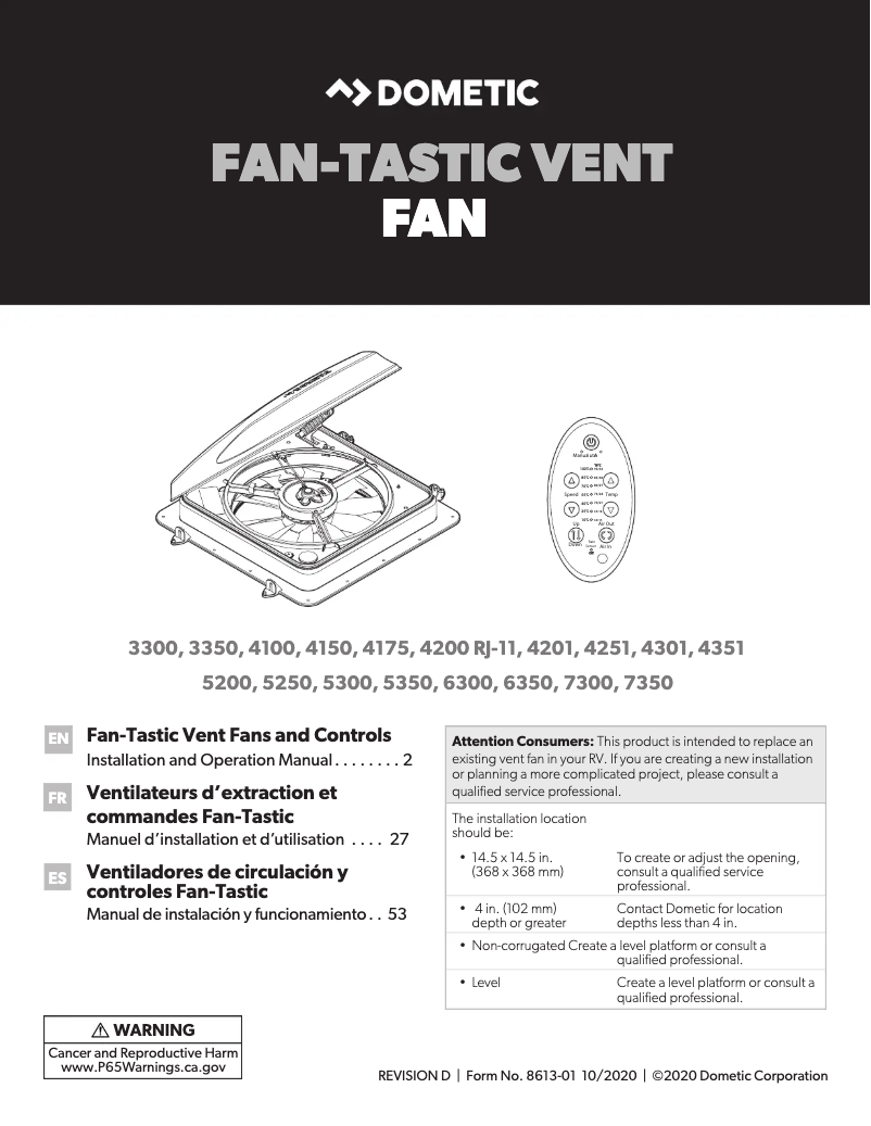 Page 1 de la notice Manuel utilisateur Dometic FanTastic Vent 7350