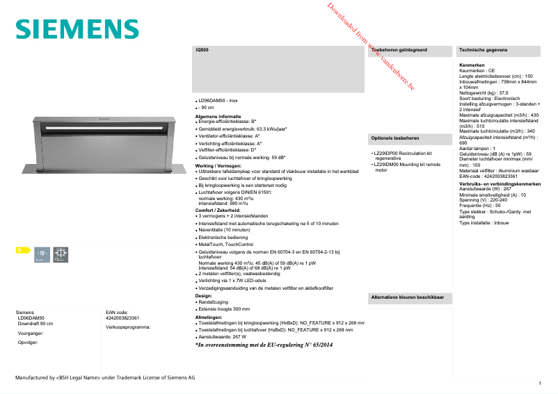Page 1 de la notice Fiche technique Siemens iQ500 LD96DAM50