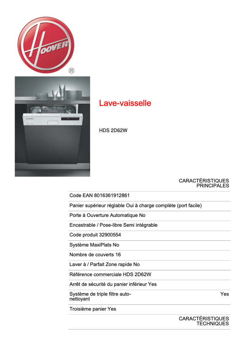 Page n°1 - Fiche technique Hoover Dynamic Mega HDS 2D62W