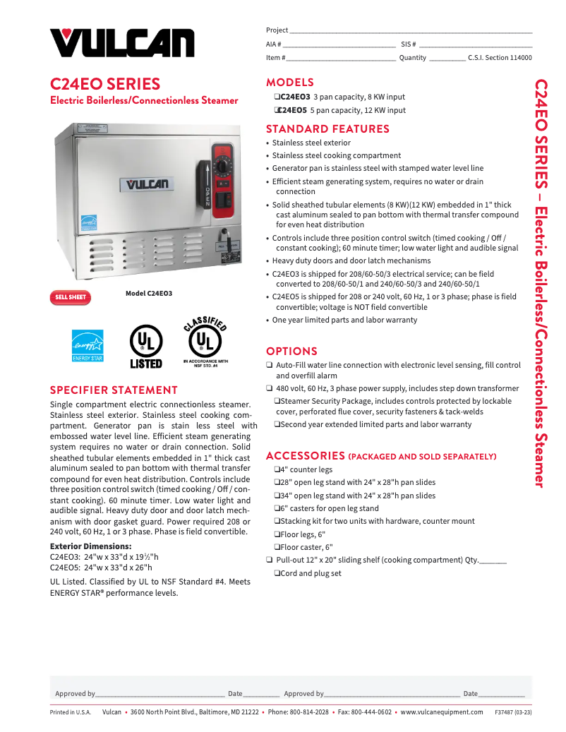 Page 1 de la notice Fiche technique Vulcan C24EO3