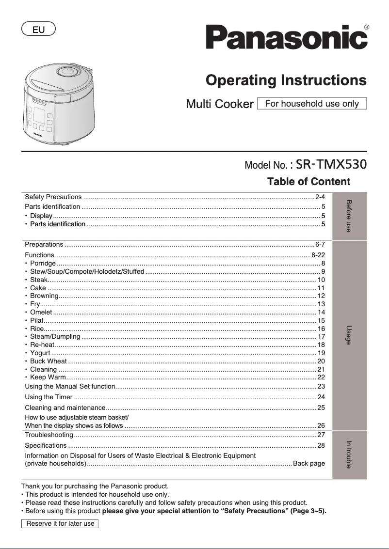 Page n°1 - Manuel utilisateur Panasonic SR-TMX530