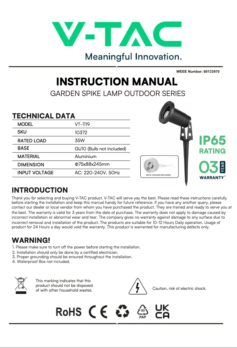 Page 1 de la notice Manuel utilisateur V-TAC VT-1119