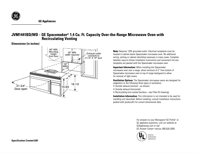 Page 1 de la notice Fiche technique GE JVM1441BD