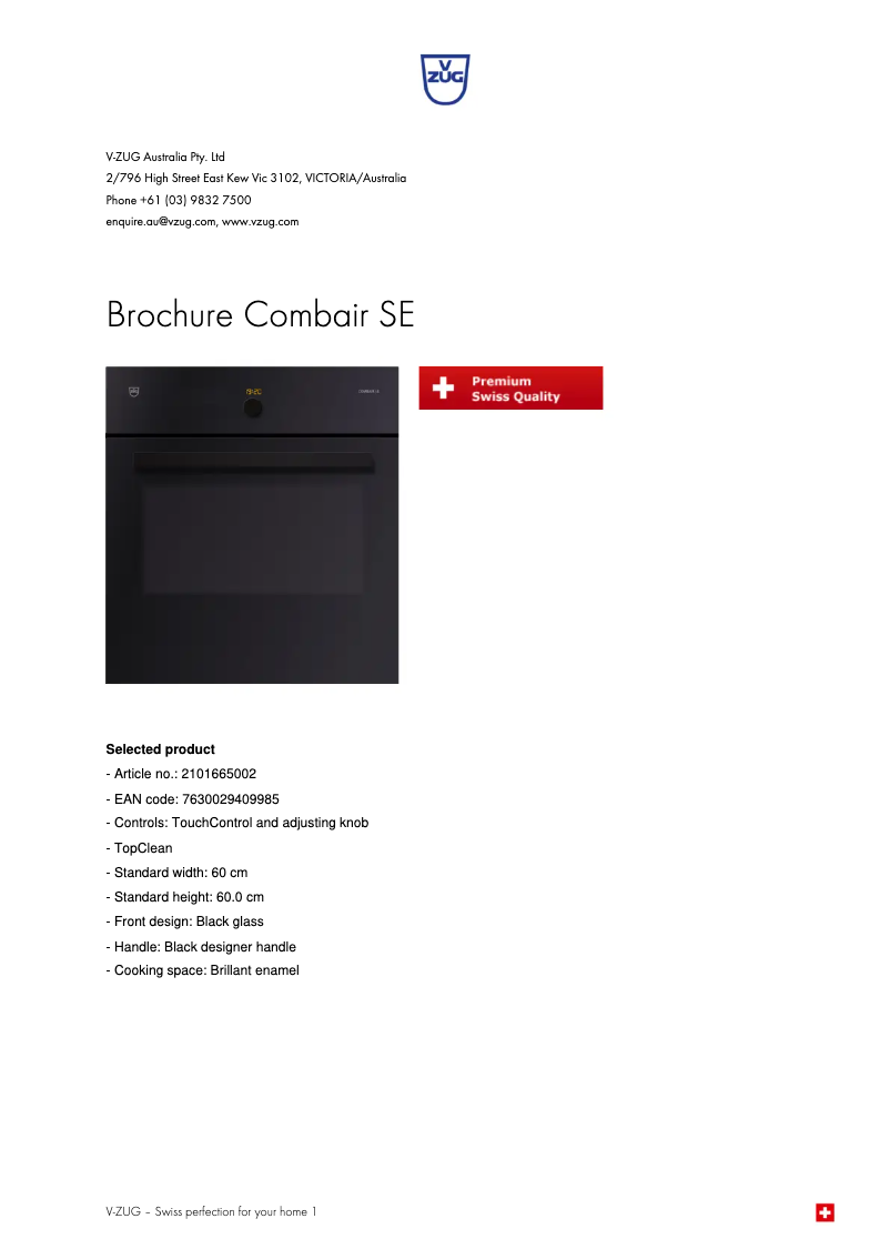Page 1 de la notice Fiche technique V-Zug 2101665002
