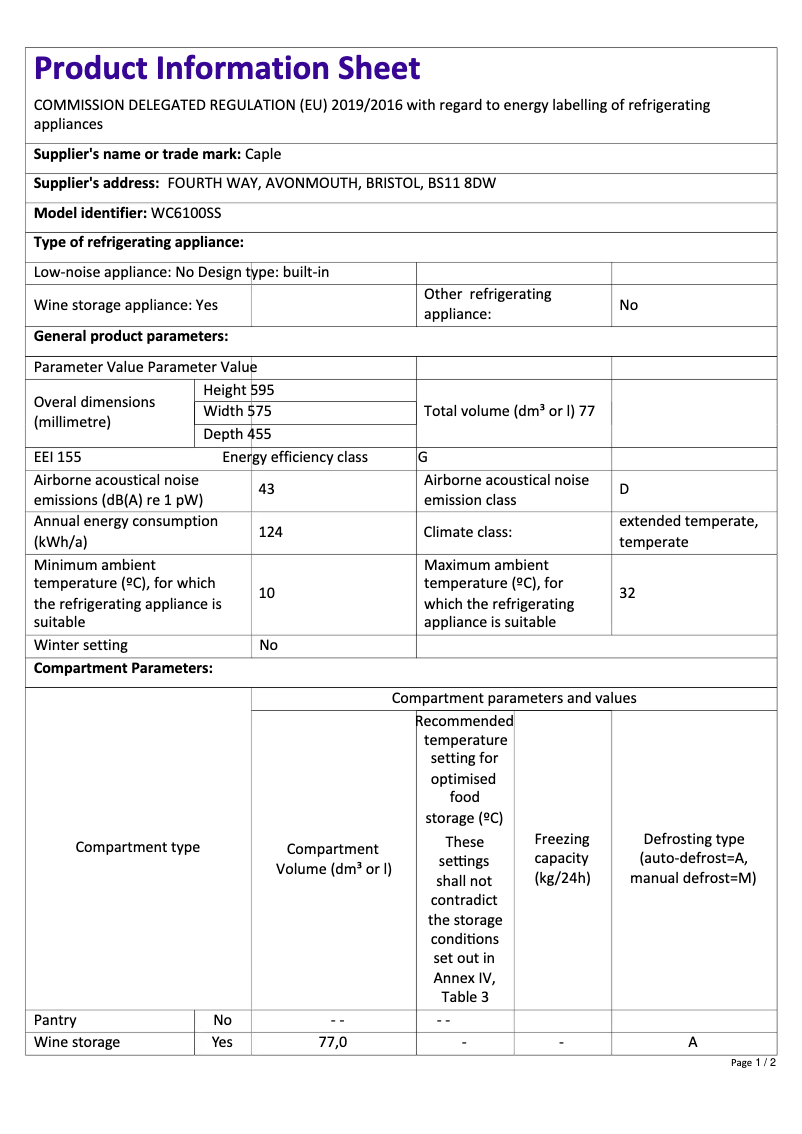 Page 1 de la notice Fiche technique Caple WC6100SS