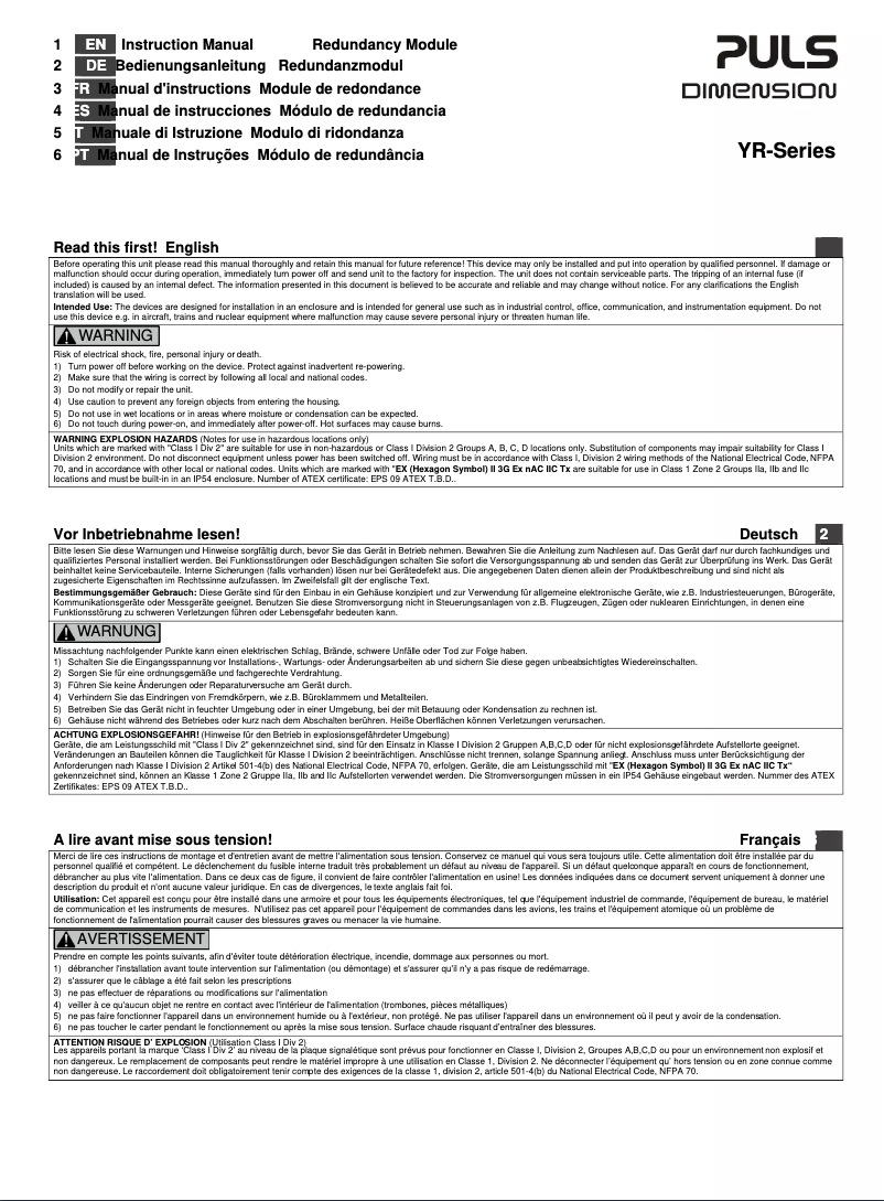 Page n°1 - Manuel utilisateur Puls Dimension YR80.241