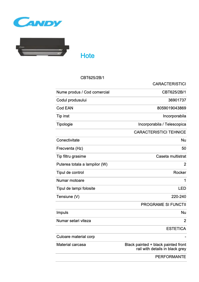 Page 1 de la notice Fiche technique Candy CBT625/2B/1