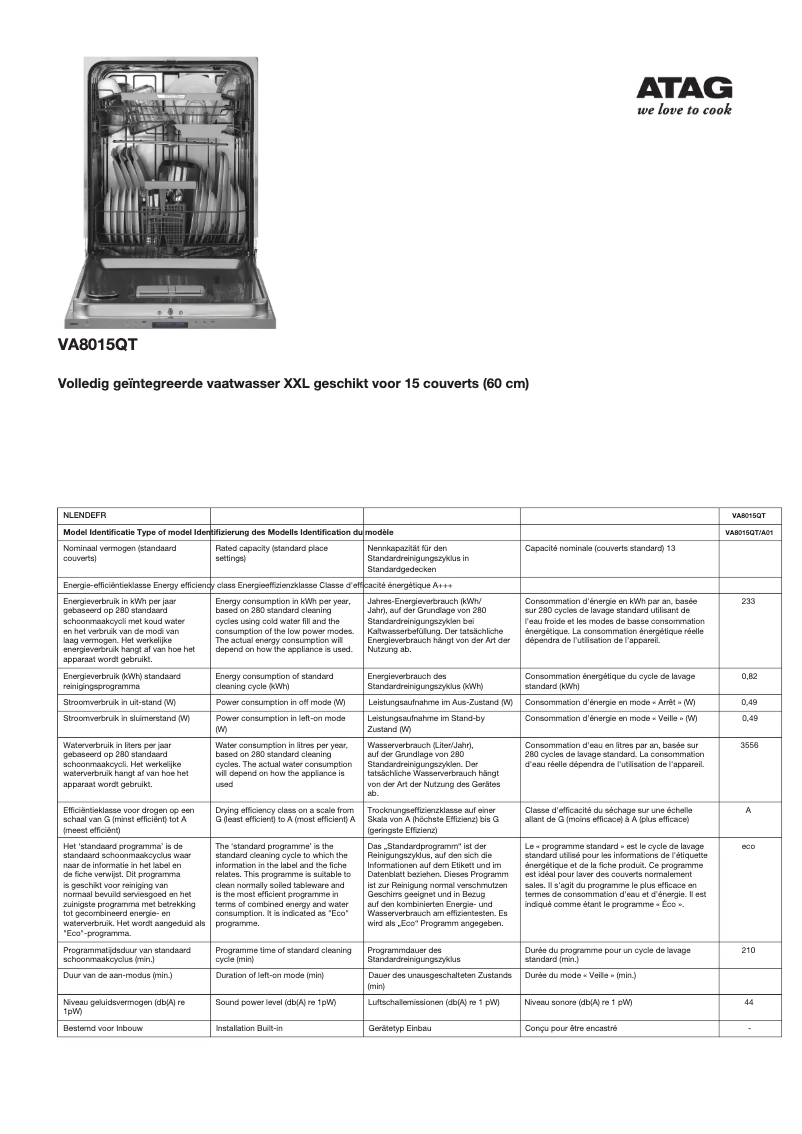 Page 1 de la notice Manuel utilisateur Atag VA8015QT