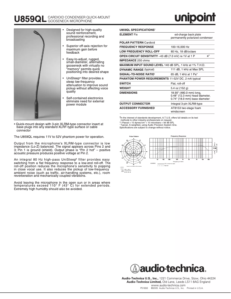 Página 1 del manual Ficha técnica Audio-Technica U859QL