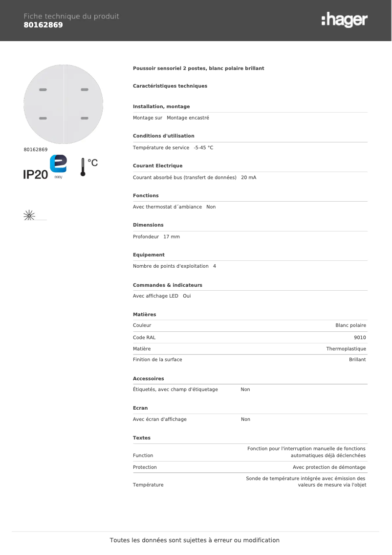 Page n°1 - Fiche technique Hager 80162869