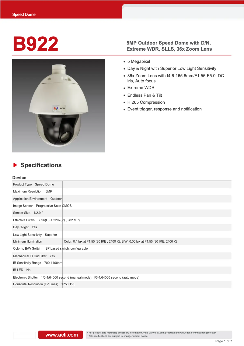 Page n°1 - Fiche technique ACTi B922