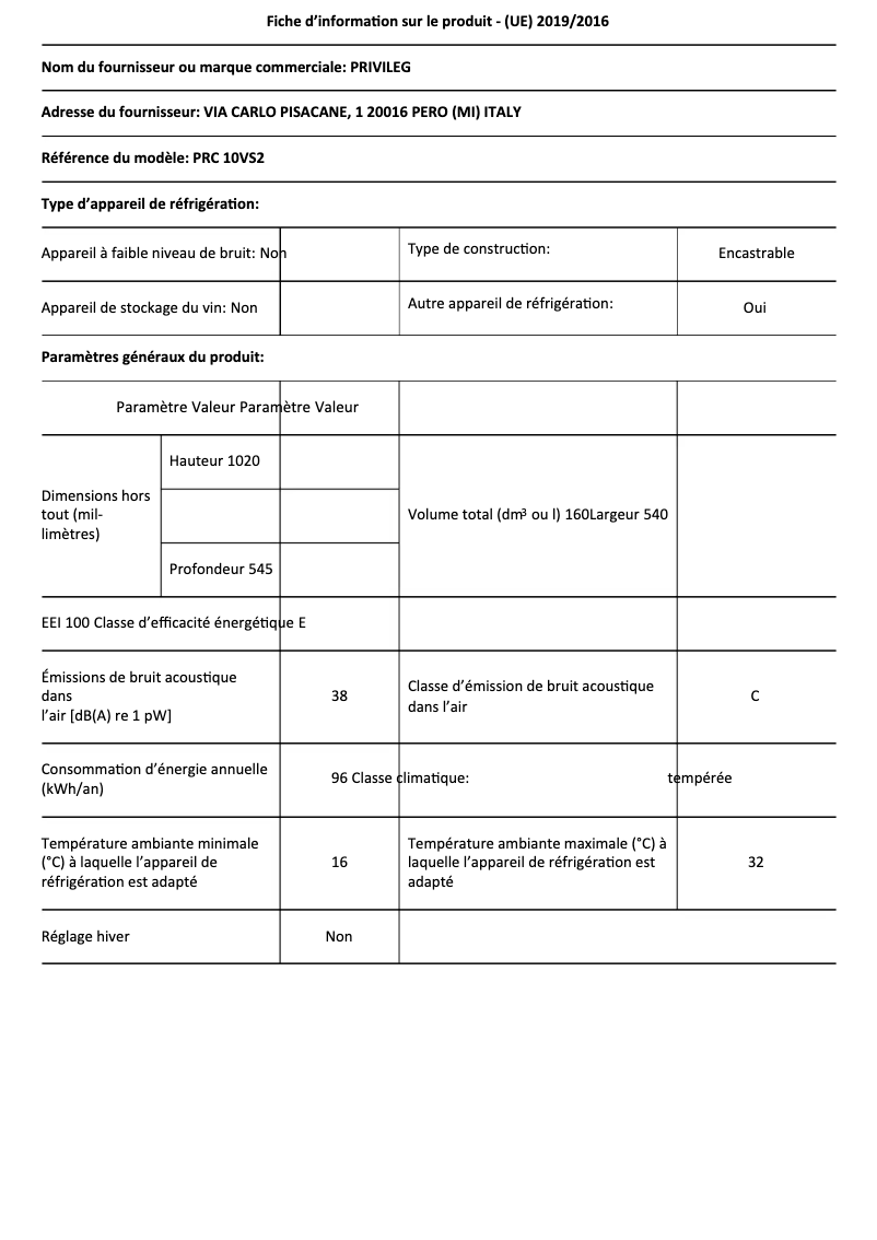 Page 1 de la notice Fiche technique Privileg PRC 10VS2