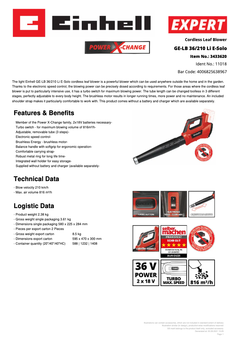 Page 1 de la notice Fiche technique Einhell GE-LB 36/210 Li E-Solo
