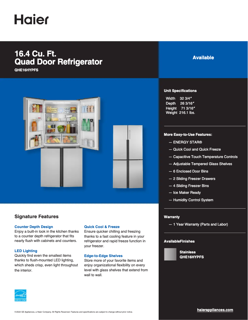 Page n°1 - Fiche technique Haier QHE16HYPFS