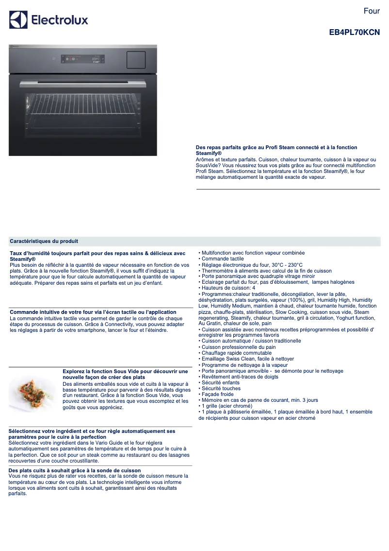 Page 1 de la notice Fiche technique Electrolux EB4PL70KCN