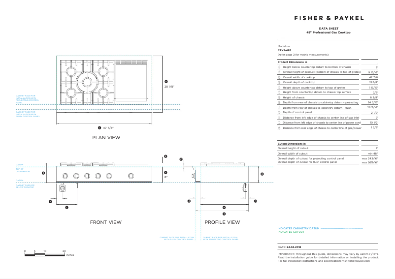 Page 1 de la notice Fiche technique Fisher & Paykel CPV2-485GDL