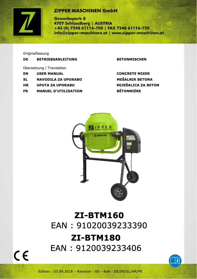 Page 1 de la notice Manuel utilisateur Zipper ZI-BTM180