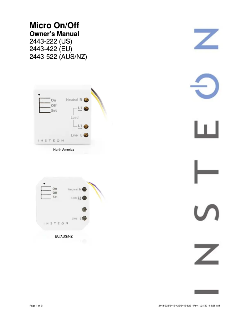 Page n°1 - Manuel utilisateur Insteon 2443-222